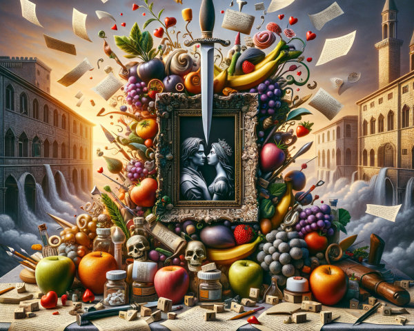 Surreal Portrait with Fruits, Skulls, and Cityscape