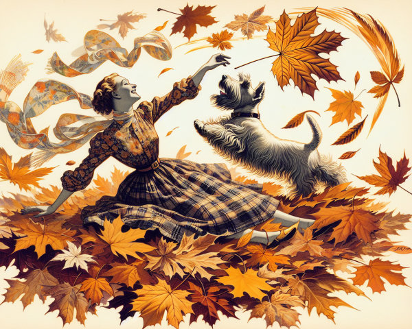 Joyful Woman in Vintage Dress Among Autumn Leaves