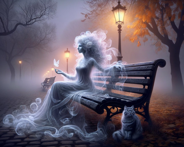 Ghostly Figure on Park Bench Amidst Swirling Mist