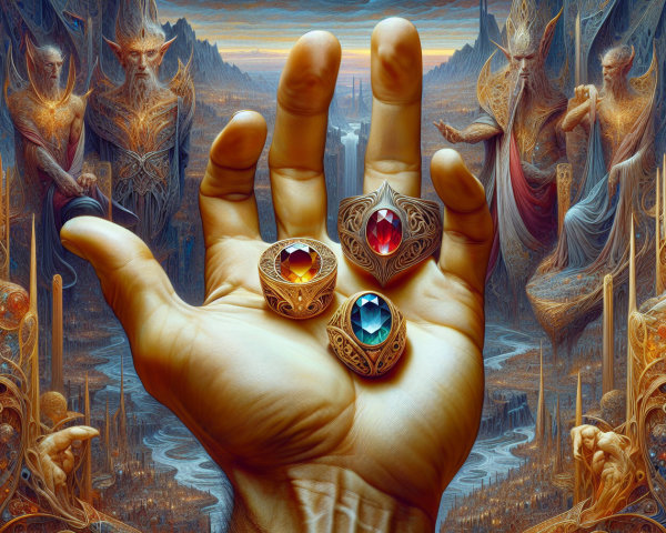 Ornate Rings with Gems in a Mystical Landscape