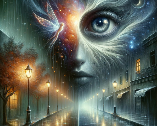 Surreal Eye and Fairy Amidst Cosmic Colors and Street