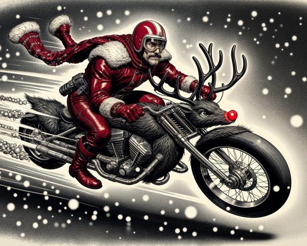 Santa-themed motorcycle ride in snowy landscape