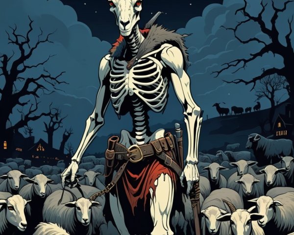 Skeletal Figure in Red Cloak Among Sheep at Night