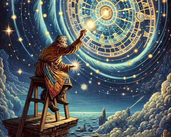 Celestial Scene with Wise Figure on Cliffside Stool