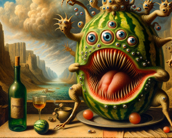 Monstrous Watermelon Surrounded by Whimsical Landscape