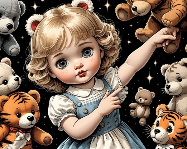 Porcelain Doll Surrounded by Plush Toys in Starry Setting