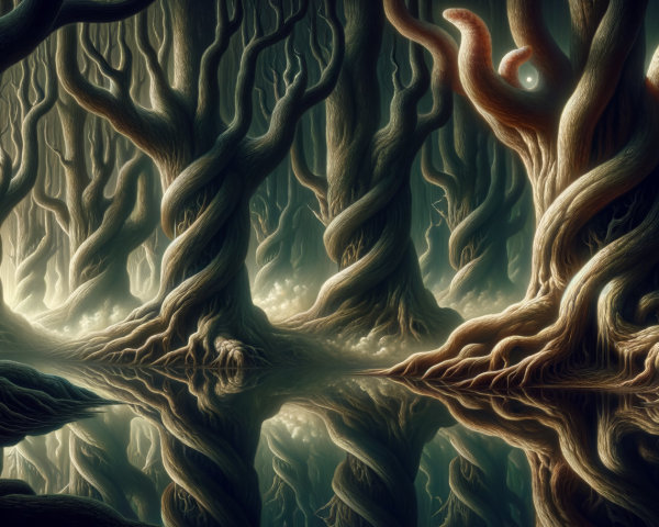 Mystical Forest with Twisted Trees and Calm Water