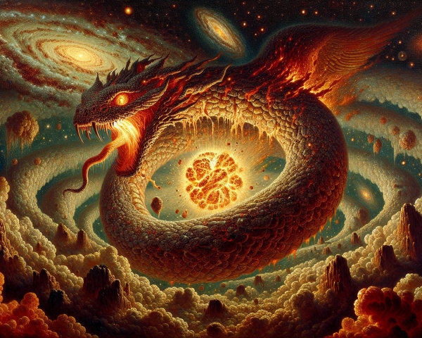 Colossal dragon amidst cosmic explosion and galaxies
