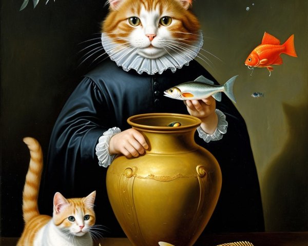 Whimsical Painting of Regal Cat with Fish and Kittens