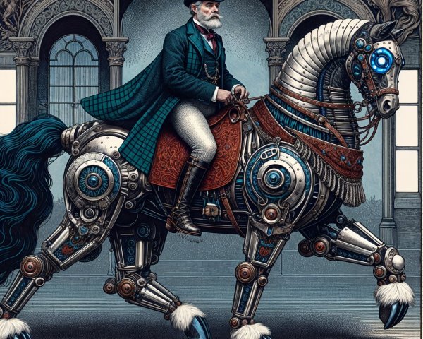 Gentleman on Futuristic Mechanical Horse in Steampunk Setting