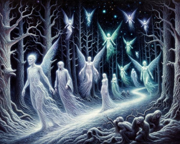 Ethereal Figures in a Mystical Forest at Night