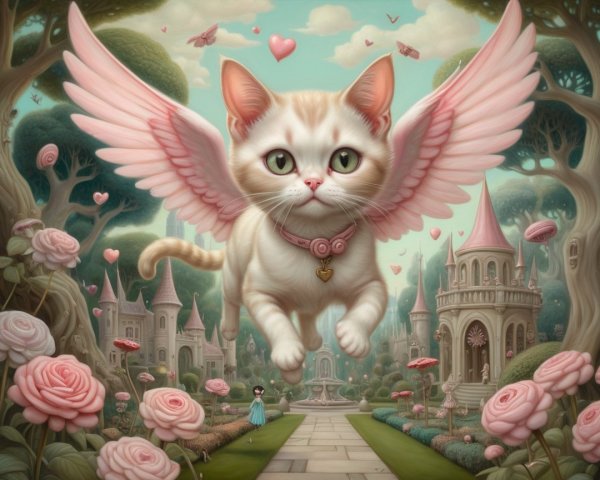 Fluffy White Cat with Wings in a Magical Garden
