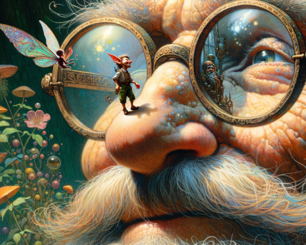 Detailed Illustration of an Old Man with Gnome and Butterfly