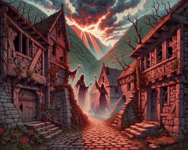 Desolate village with abandoned homes and misty figure