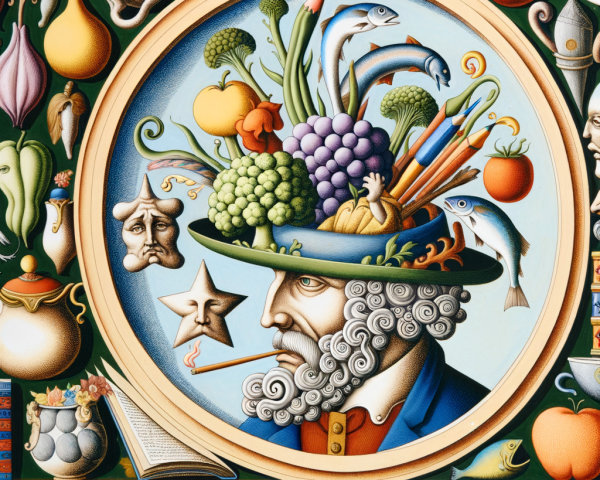 Illustration of a Man with Food and Art Supplies Hat