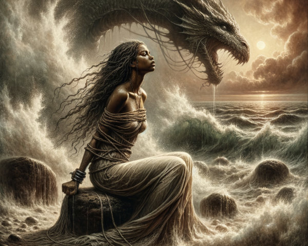 Woman on a rock with a dragon in a stormy ocean