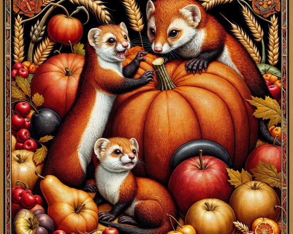 Ferrets Playing Near Pumpkin and Autumn Fruits