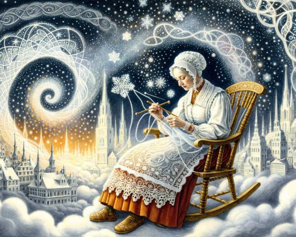 Elderly Woman Knitting in Dreamlike Snowy Setting
