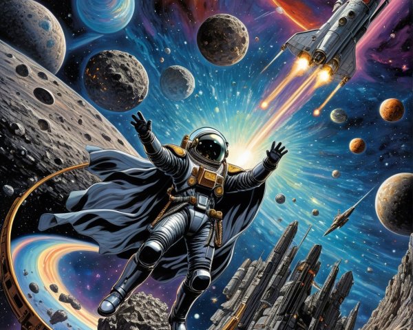 Astronaut in Cape Among Vibrant Planets and Galaxies