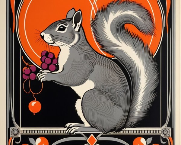 Art Nouveau Illustration of Squirrel with Grapes