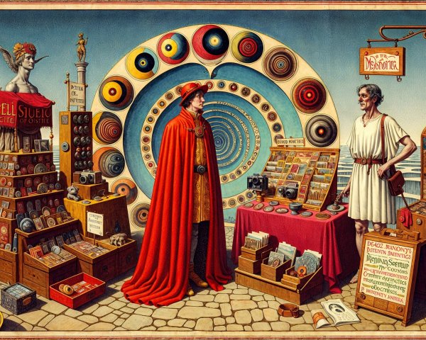 Cloaked Figure and Vendor in Surreal Landscape