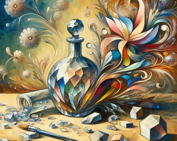 Ornate Crystal Bottle Surrounded by Floral Patterns