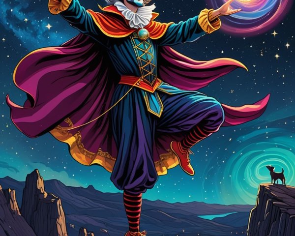 Whimsical Jester Balancing Energy Orb Under Stars