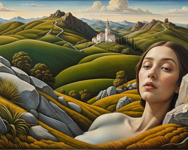 Serene Landscape with Church and Woman's Face