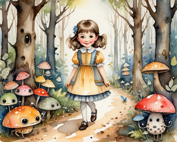 Illustration of a girl in yellow dress in a forest