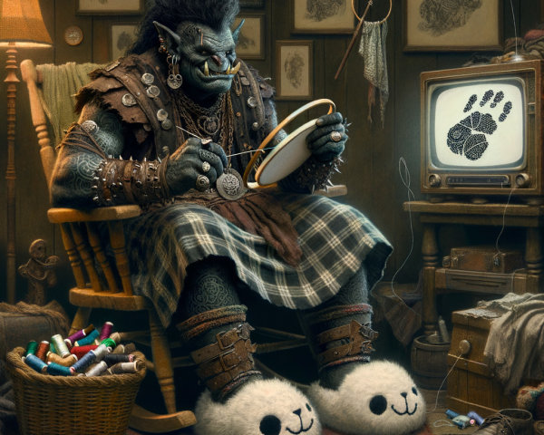 Orc in Kilt Sewing in Cozy Cluttered Room