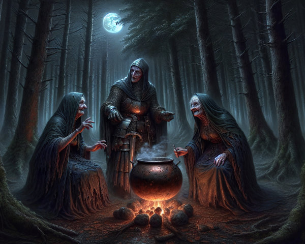 Misty Forest Scene with Witches and Cauldron