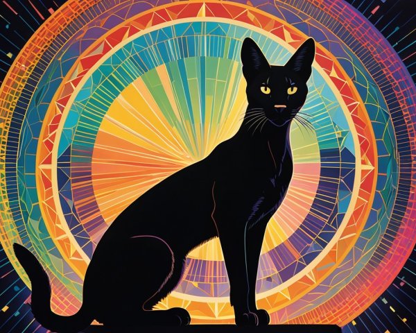 Black Cat Silhouette Against Colorful Geometric Design