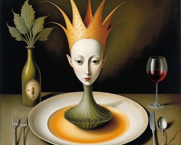 Surrealistic Dining Scene with Elongated Figure and Wine