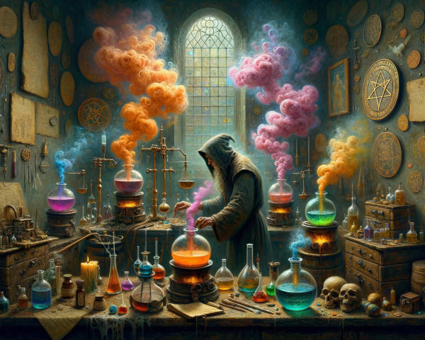 Dimly Lit Alchemist's Laboratory with Colorful Potions