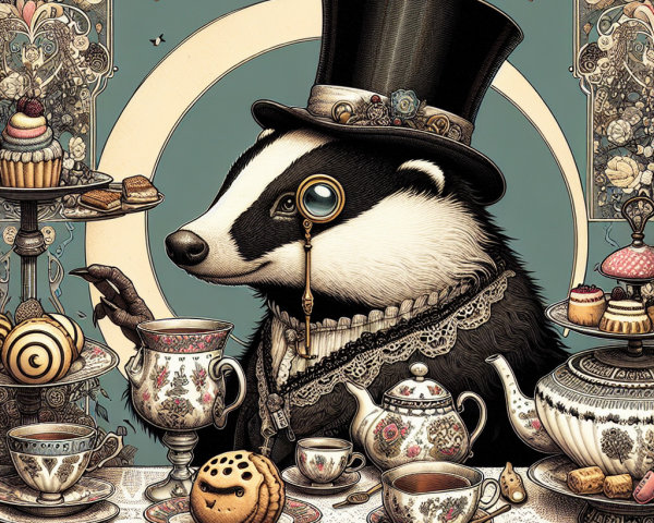Whimsical Badger in Top Hat with Elegant Tea Set