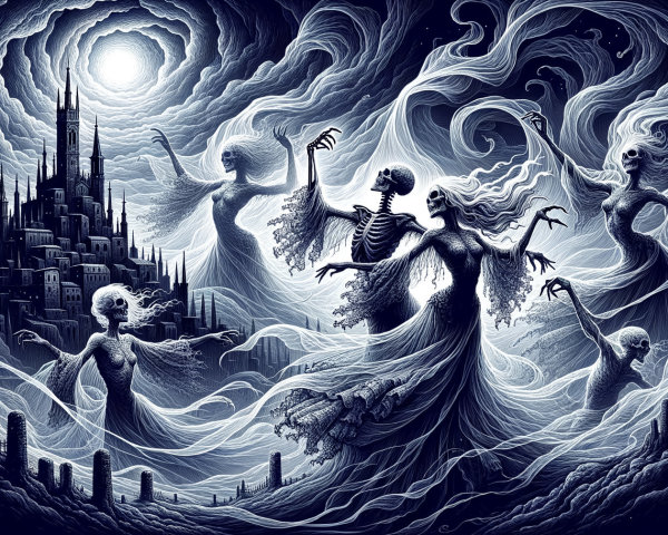 Surreal Landscape with Skeletal Figures and Ethereal Women