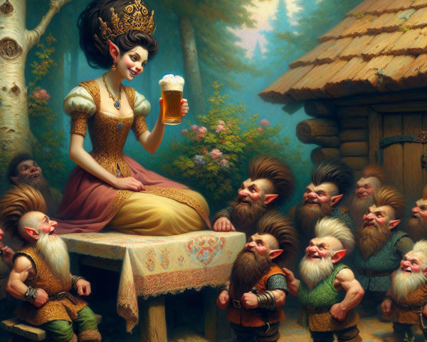 Princess in Gown Celebrates with Gnomes in Forest
