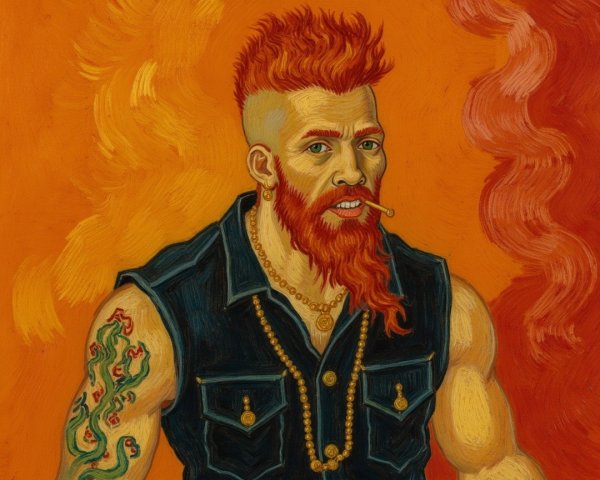 Portrait of a muscular man with red beard and tattoos