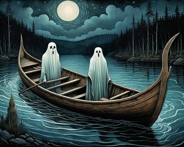 Ghostly Figures in a Rowboat on a Moonlit Lake