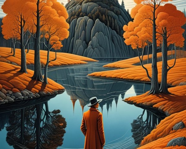Man by Lake with Castle and Autumn Foliage