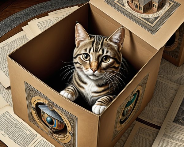 Playful Cat in Cardboard Box Surrounded by Vintage Books