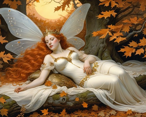 Sleeping Fairy with Golden Wings and Autumn Leaves