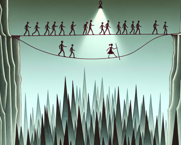 Stick Figures on Tightrope Over Dark Spikes