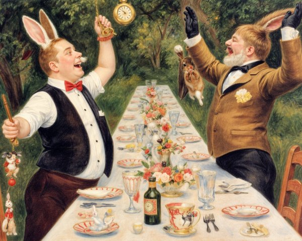 Whimsical Feast with Festive Characters and Rabbits