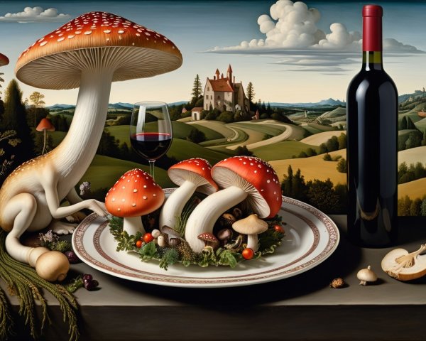 Surreal Still Life with Whimsical Mushrooms and Wine