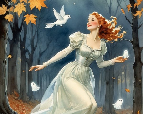 Moonlit Forest Dance with Autumn Leaves and Ghosts