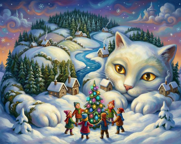 Whimsical Winter Landscape Featuring Giant White Cat