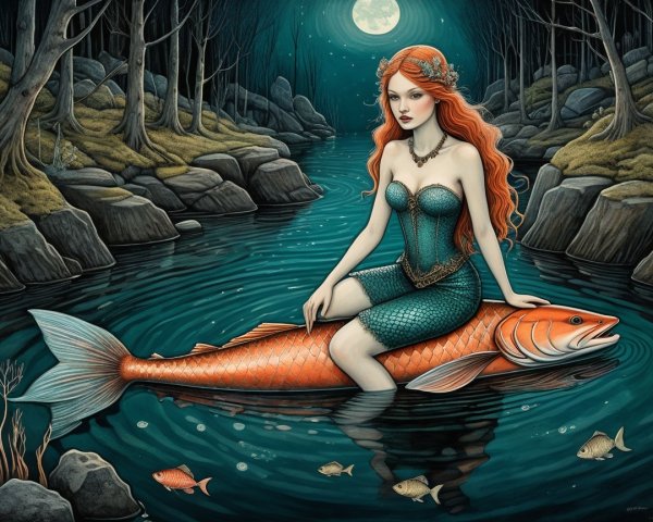 Mermaid on Orange Fish in Moonlit Mystical Scene