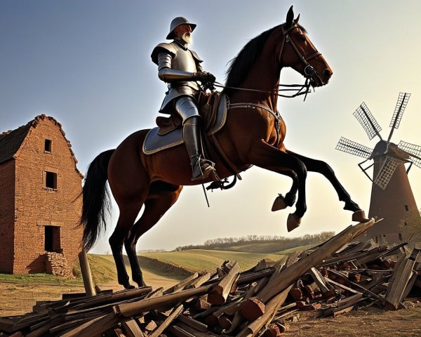 Knight on Horse Amidst Rustic Countryside Scene