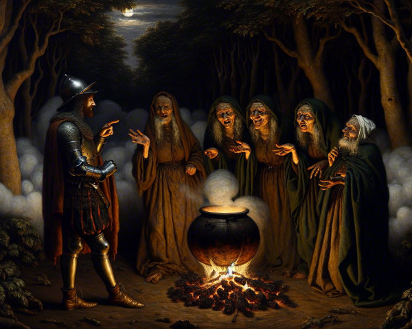 Knight and Cloaked Figures in Enchanted Forest Scene